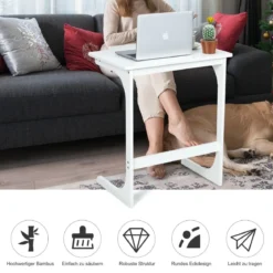 Beistelltisch Laptoptisch C-förmig Kaffeetisch Computertisch Bambus Stehtisch mit Metallgestell Couchtisch Weiß