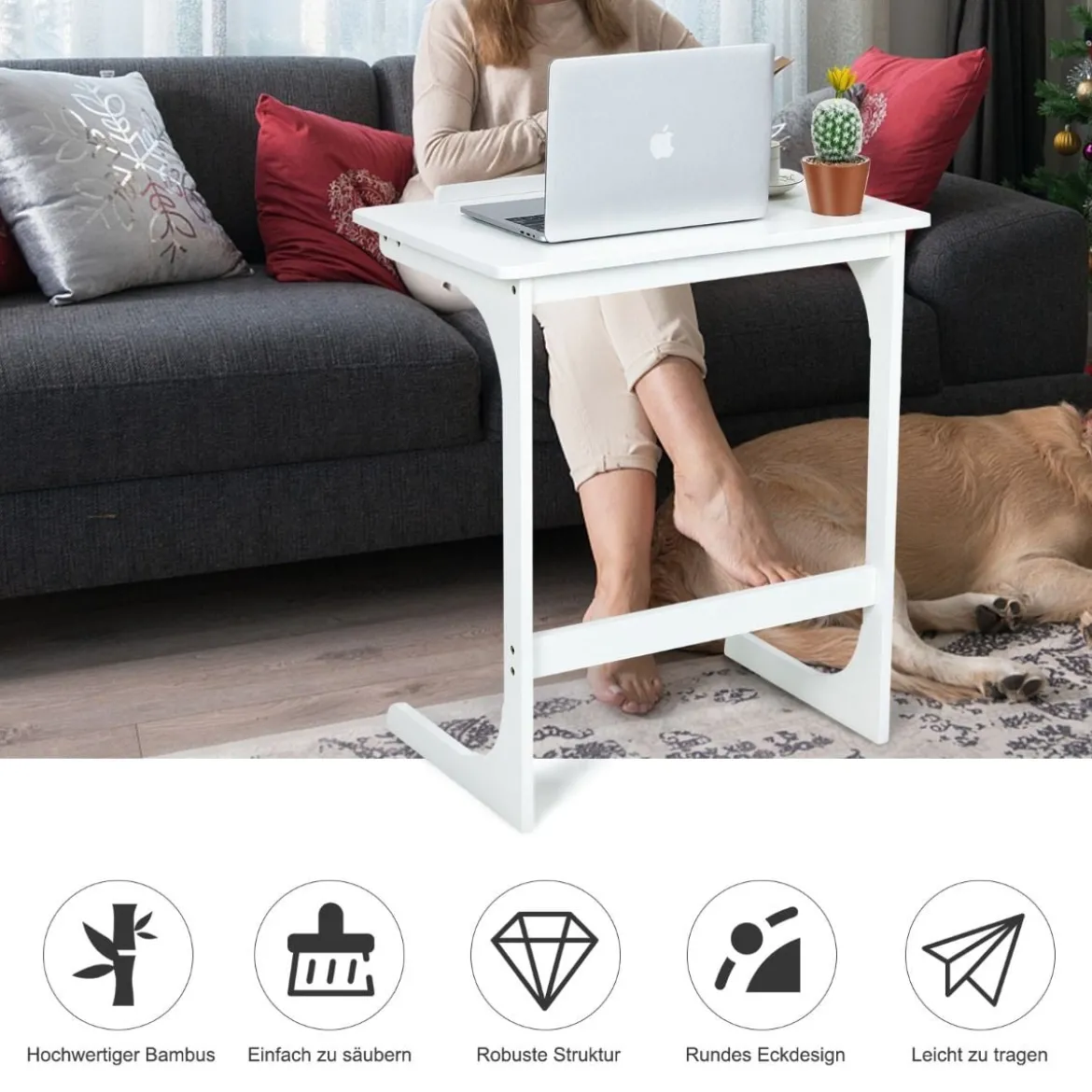 Beistelltisch Laptoptisch C-förmig Kaffeetisch Computertisch Bambus Stehtisch mit Metallgestell Couchtisch Weiß