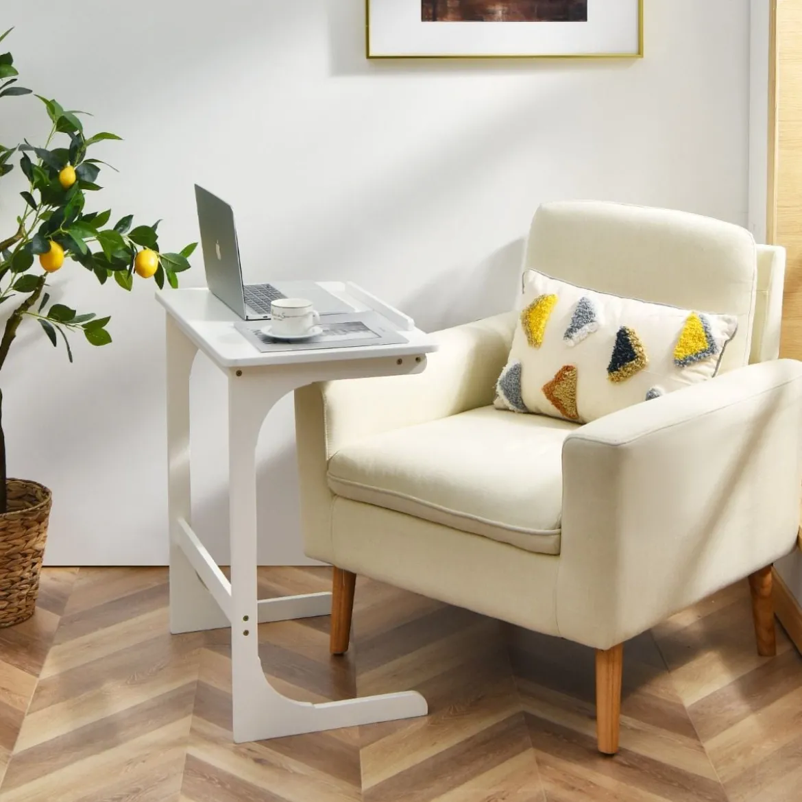Beistelltisch Laptoptisch C-förmig Kaffeetisch Computertisch Bambus Stehtisch mit Metallgestell Couchtisch Weiß