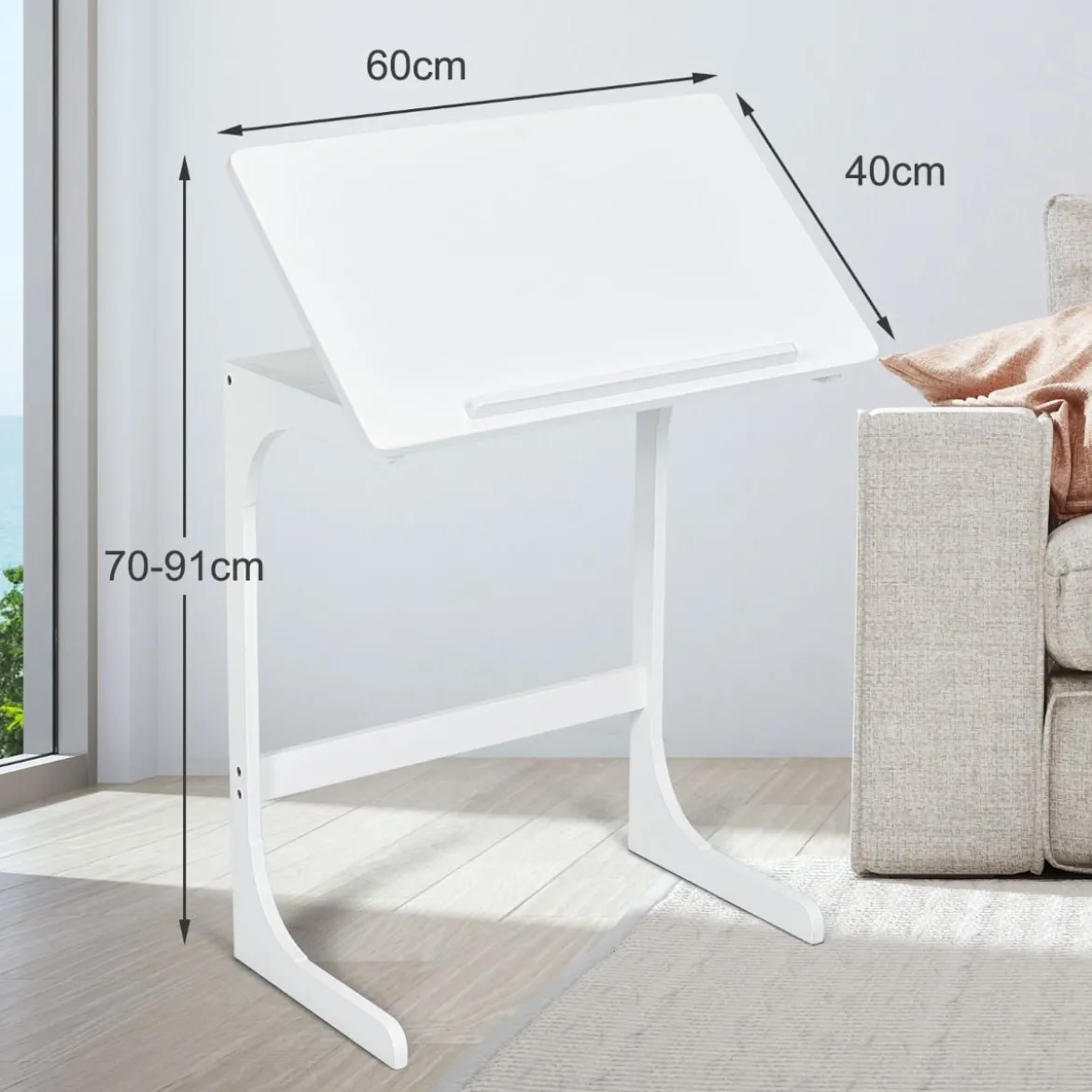 Beistelltisch Laptoptisch C-förmig Kaffeetisch Computertisch Bambus Stehtisch mit Metallgestell Couchtisch Weiß