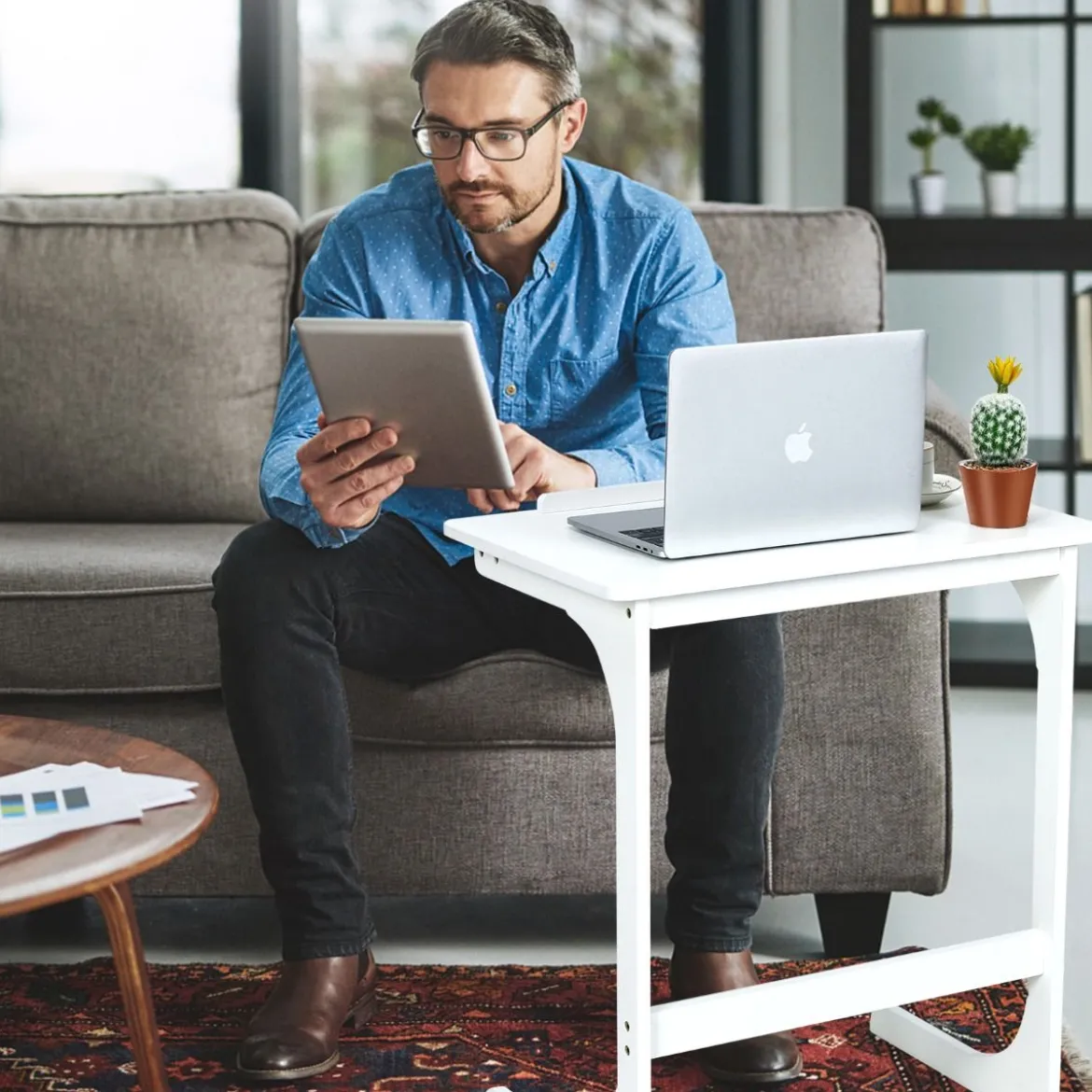 Beistelltisch Laptoptisch C-förmig Kaffeetisch Computertisch Bambus Stehtisch mit Metallgestell Couchtisch Weiß