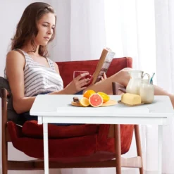 Beistelltisch Laptoptisch C-förmig Kaffeetisch Computertisch Bambus Stehtisch mit Metallgestell Couchtisch Weiß