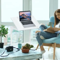 Beistelltisch Laptoptisch C-förmig Kaffeetisch Computertisch Bambus Stehtisch mit Metallgestell Couchtisch Weiß