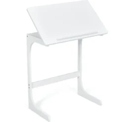 Beistelltisch Laptoptisch C-förmig Kaffeetisch Computertisch Bambus Stehtisch mit Metallgestell Couchtisch Weiß