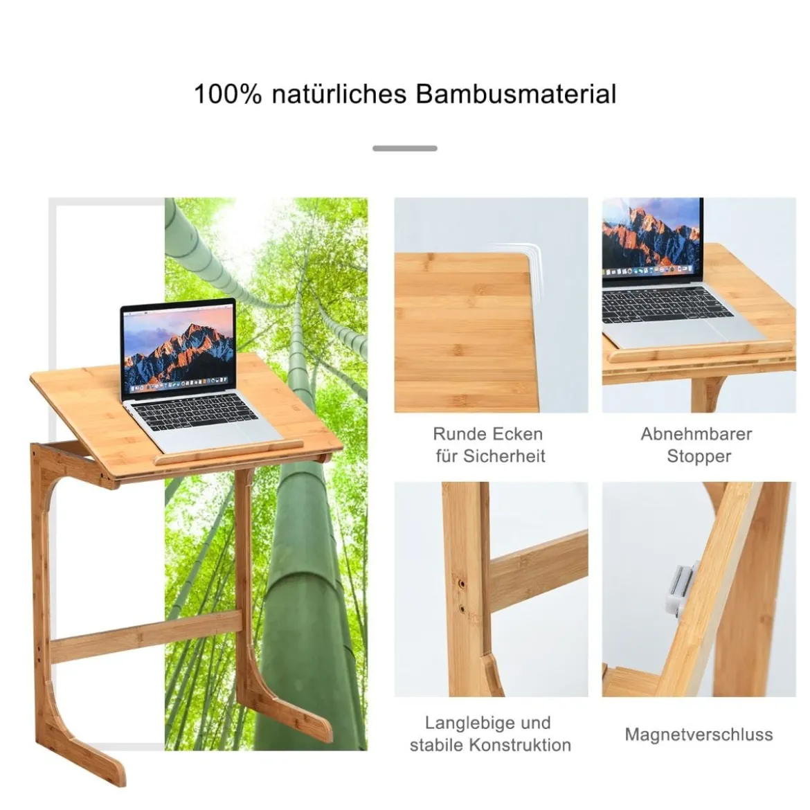 Beistelltisch Laptoptisch C-förmig Kaffeetisch Computertisch Bambus Stehtisch mit Metallgestell Couchtisch Natur