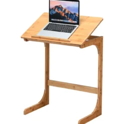 Beistelltisch Laptoptisch C-förmig Kaffeetisch Computertisch Bambus Stehtisch mit Metallgestell Couchtisch Natur