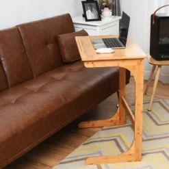 Beistelltisch Laptoptisch C-förmig Kaffeetisch Computertisch Bambus Stehtisch mit Metallgestell Couchtisch Natur