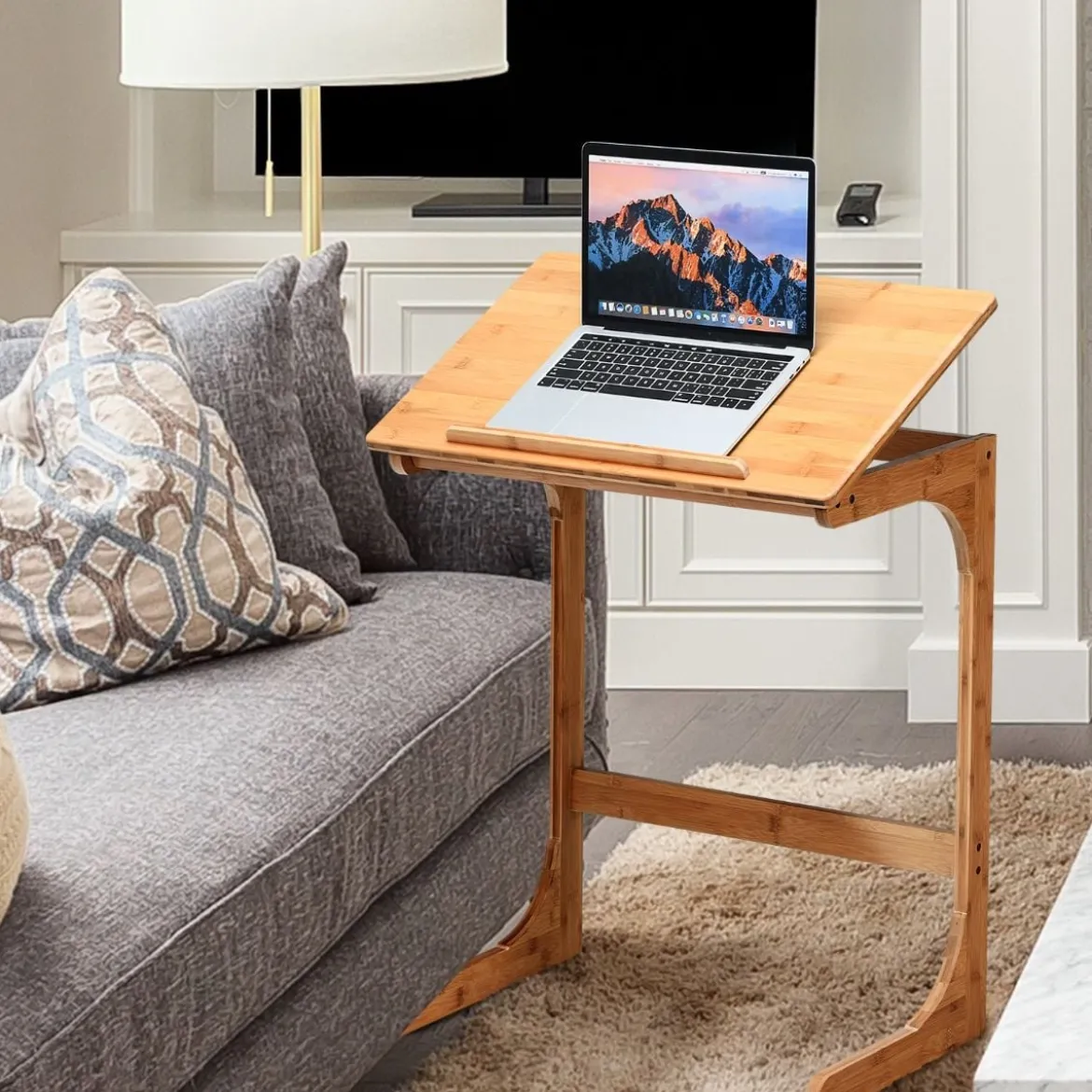 Beistelltisch Laptoptisch C-förmig Kaffeetisch Computertisch Bambus Stehtisch mit Metallgestell Couchtisch Natur