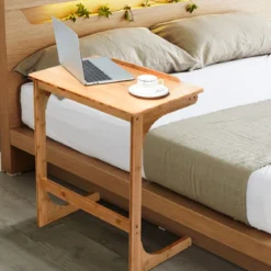 Beistelltisch Laptoptisch C-förmig Kaffeetisch Computertisch Bambus Stehtisch mit Metallgestell Couchtisch Natur