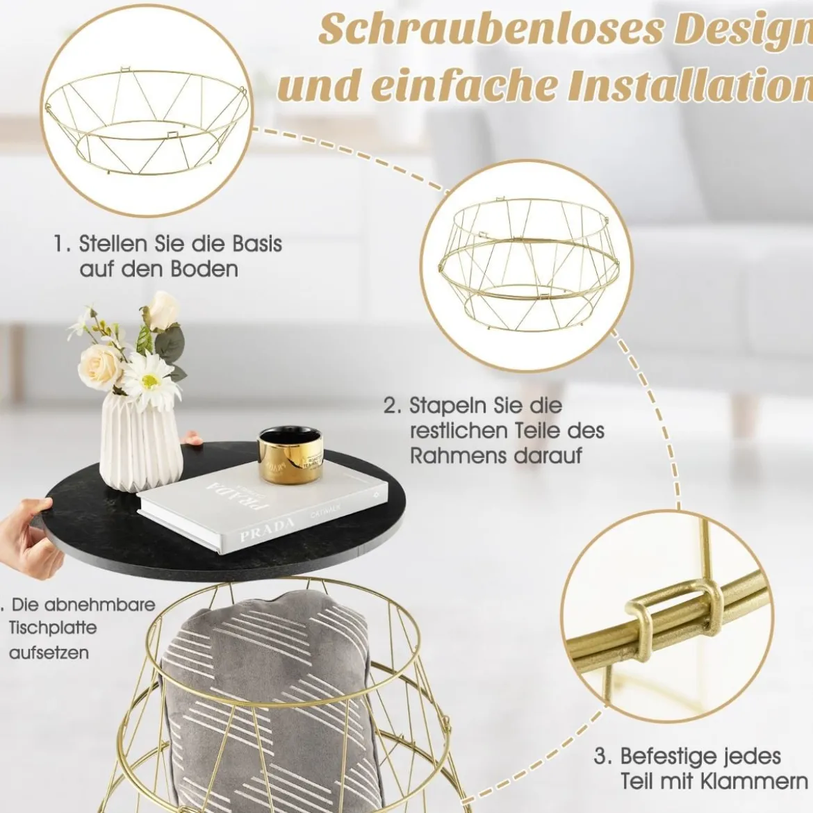 Beistelltisch mit Abnehmbarer Tischplatte & Stauraum 40 x 40 x 38 cm Schwarz + Gold