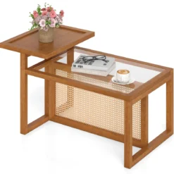 Beistelltisch mit 2 Ebenen Couchtisch mit Gehärteter Glasplatte 102 x 56 x 56 cm Natur