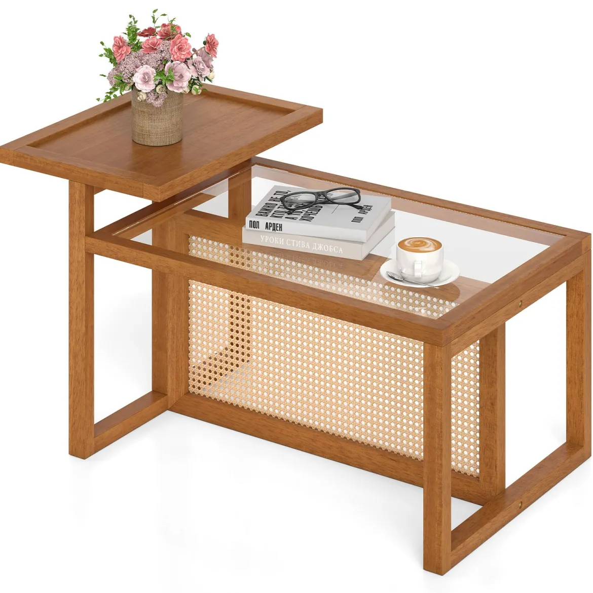 Beistelltisch mit 2 Ebenen Couchtisch mit Gehärteter Glasplatte 102 x 56 x 56 cm Natur