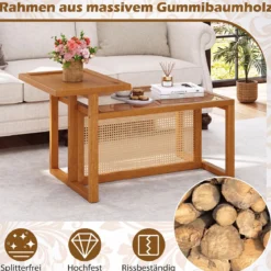 Beistelltisch mit 2 Ebenen Couchtisch mit Gehärteter Glasplatte 102 x 56 x 56 cm Natur