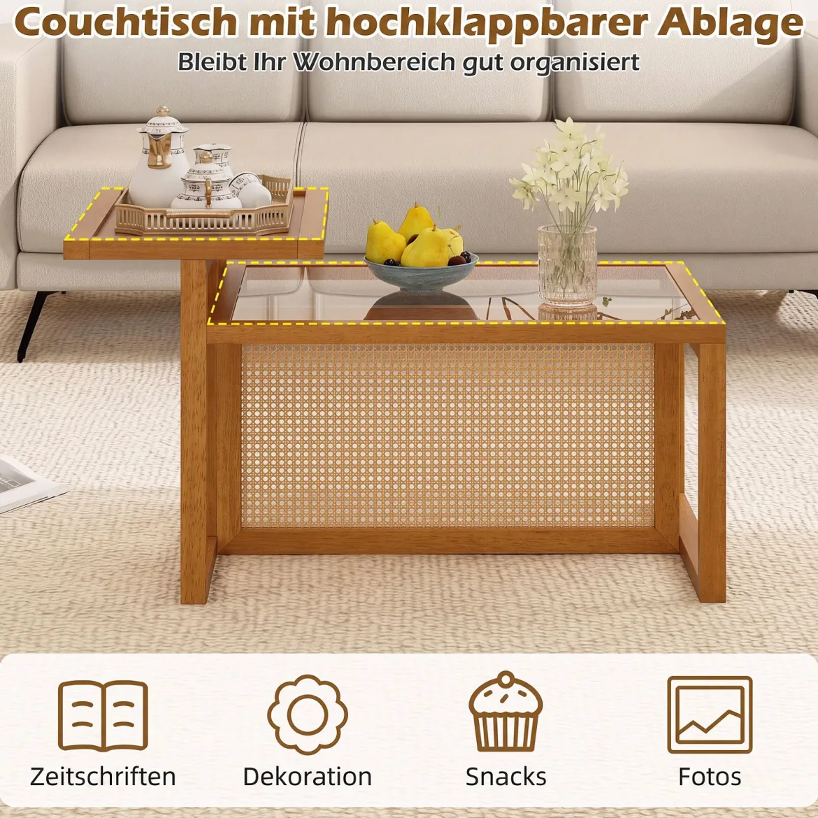 Beistelltisch mit 2 Ebenen Couchtisch mit Gehärteter Glasplatte 102 x 56 x 56 cm Natur