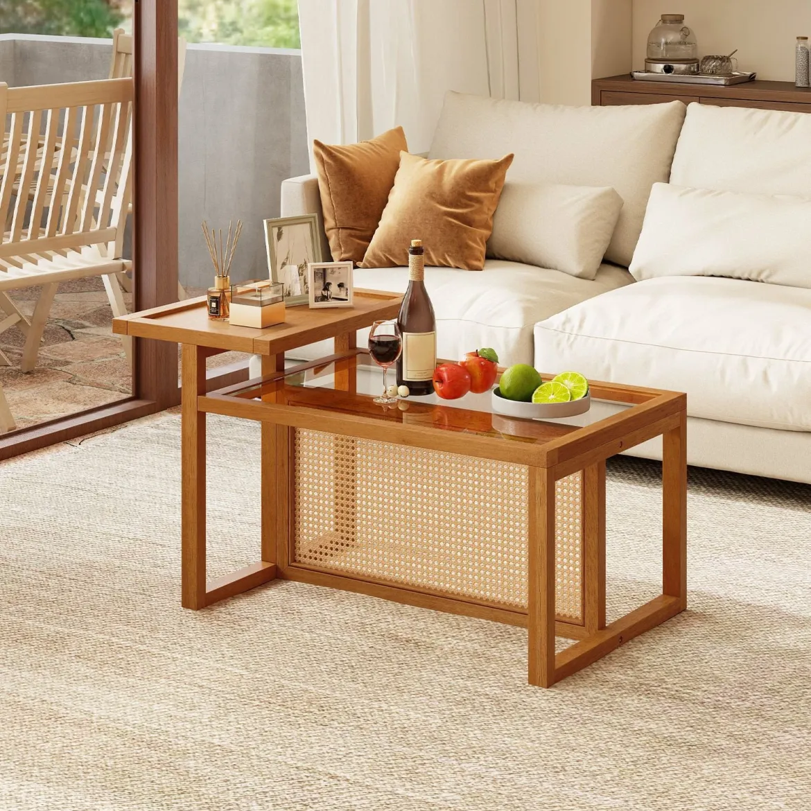 Beistelltisch mit 2 Ebenen Couchtisch mit Gehärteter Glasplatte 102 x 56 x 56 cm Natur