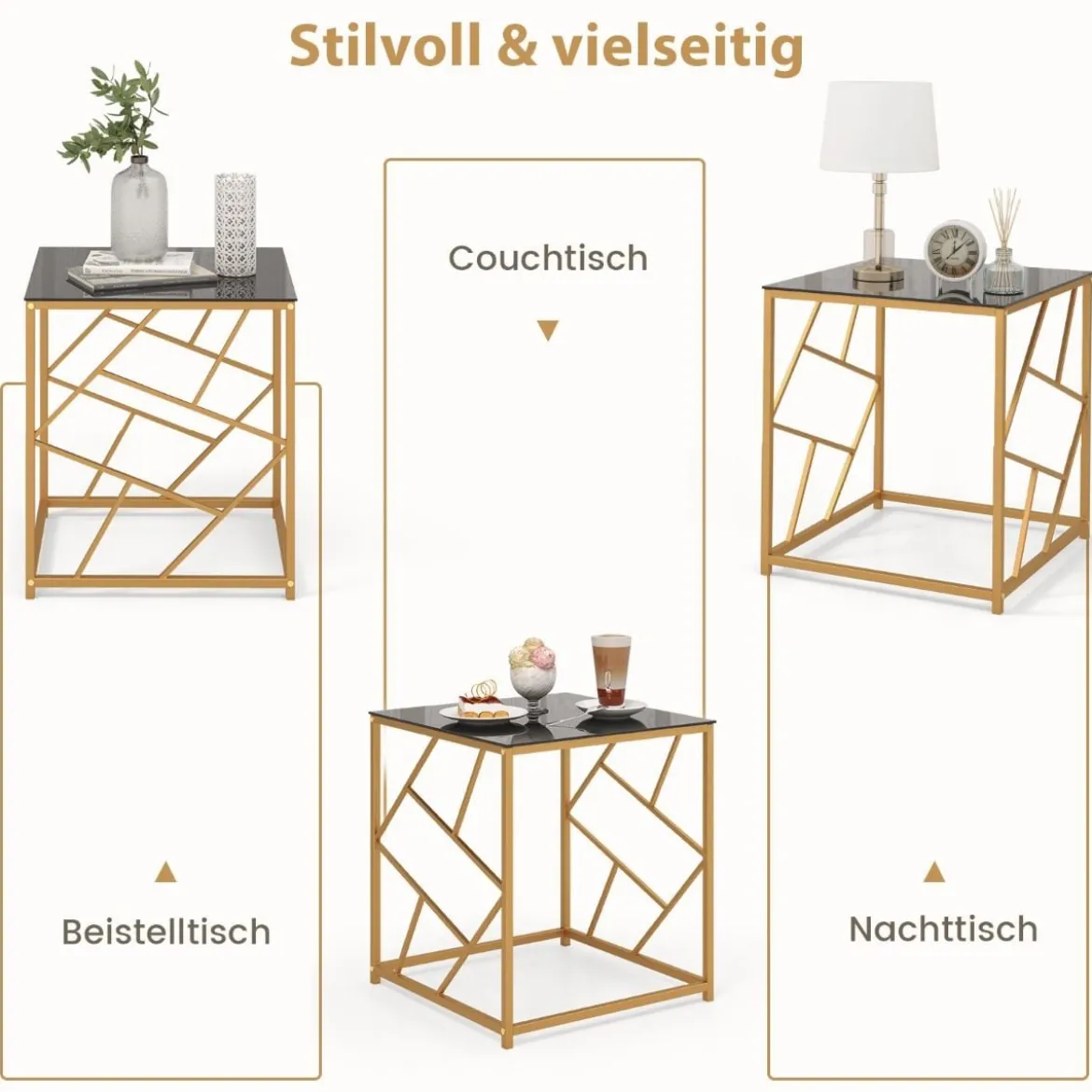 Beistelltisch mit Gehärteter Glasplatte & Metallrahmen Moderner Couchtisch 50 x 50 x 55 cm