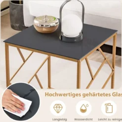 Beistelltisch mit Gehärteter Glasplatte & Metallrahmen Moderner Couchtisch 50 x 50 x 55 cm