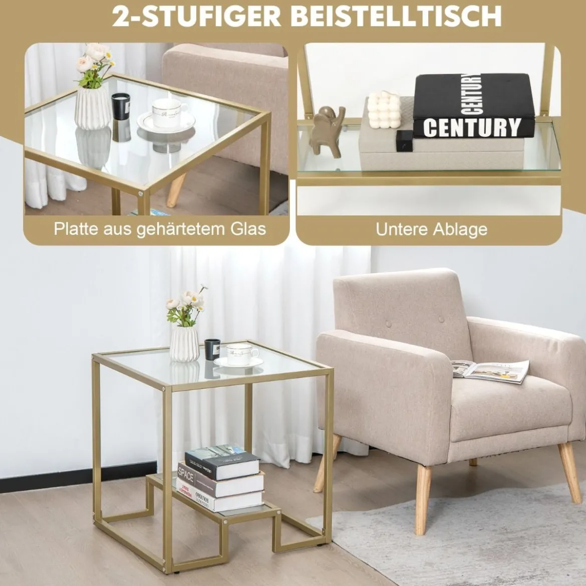 Beistelltisch mit Glas Tischplatte & Metallrahmen Quadratisch 56 x 56 x 56,5 cm Gold