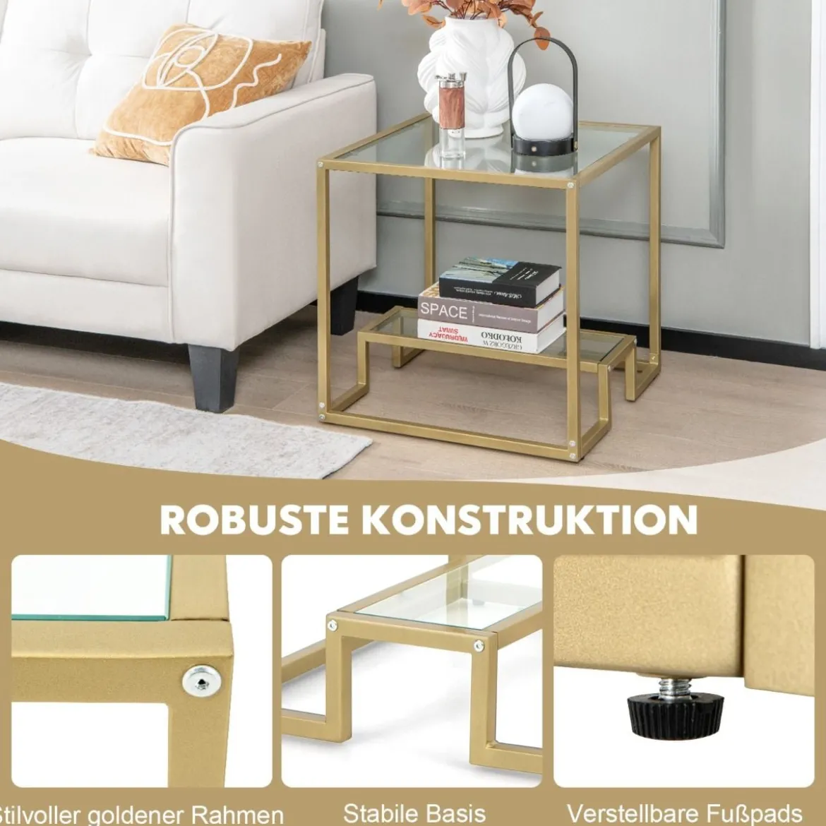 Beistelltisch mit Glas Tischplatte & Metallrahmen Quadratisch 56 x 56 x 56,5 cm Gold