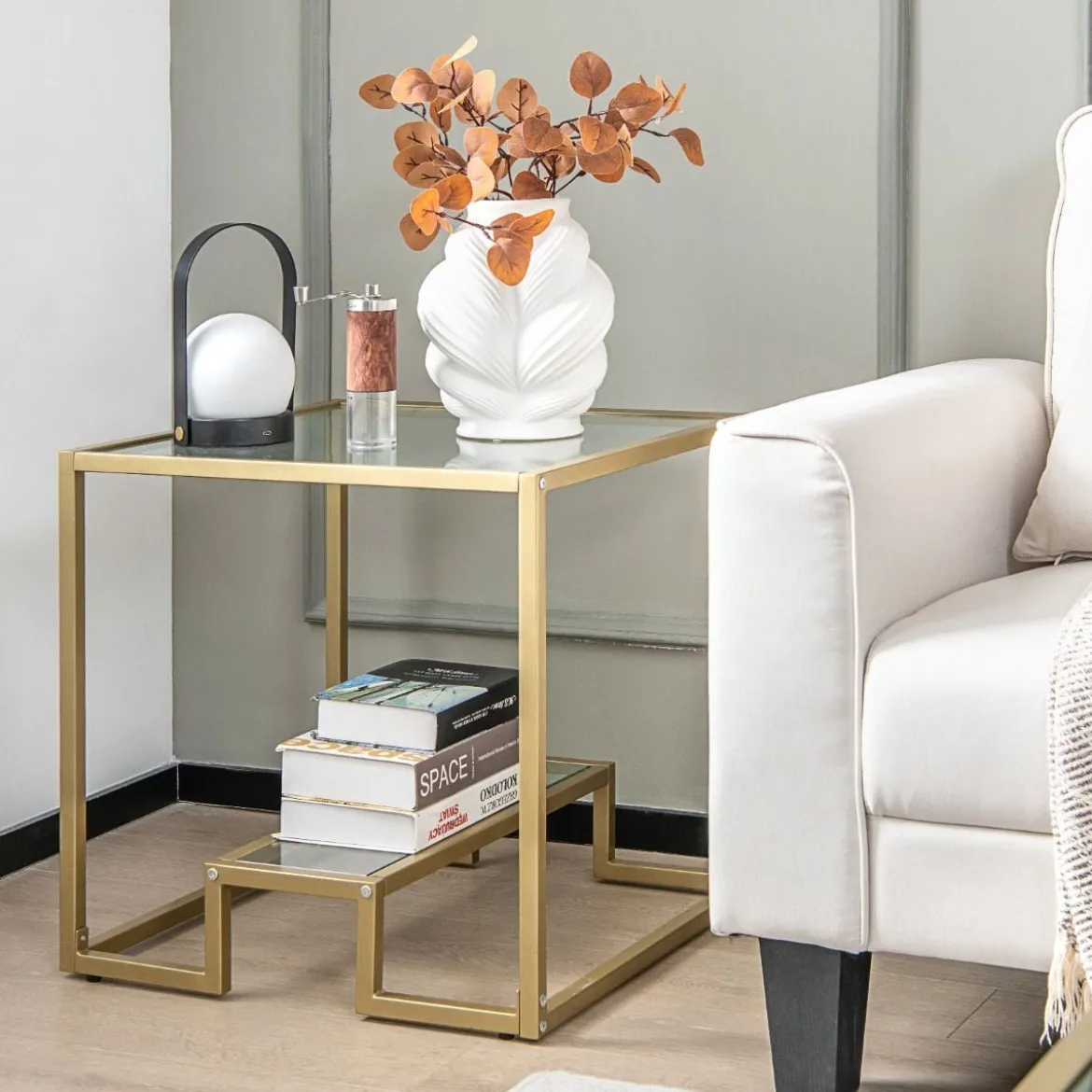 Beistelltisch mit Glas Tischplatte & Metallrahmen Quadratisch 56 x 56 x 56,5 cm Gold