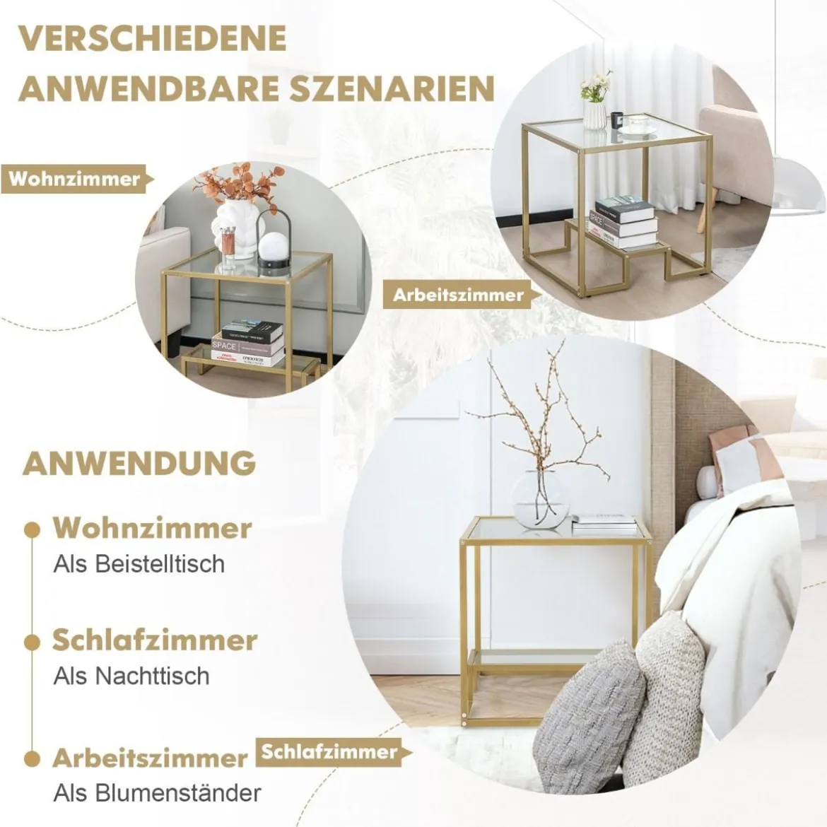 Beistelltisch mit Glas Tischplatte & Metallrahmen Quadratisch 56 x 56 x 56,5 cm Gold