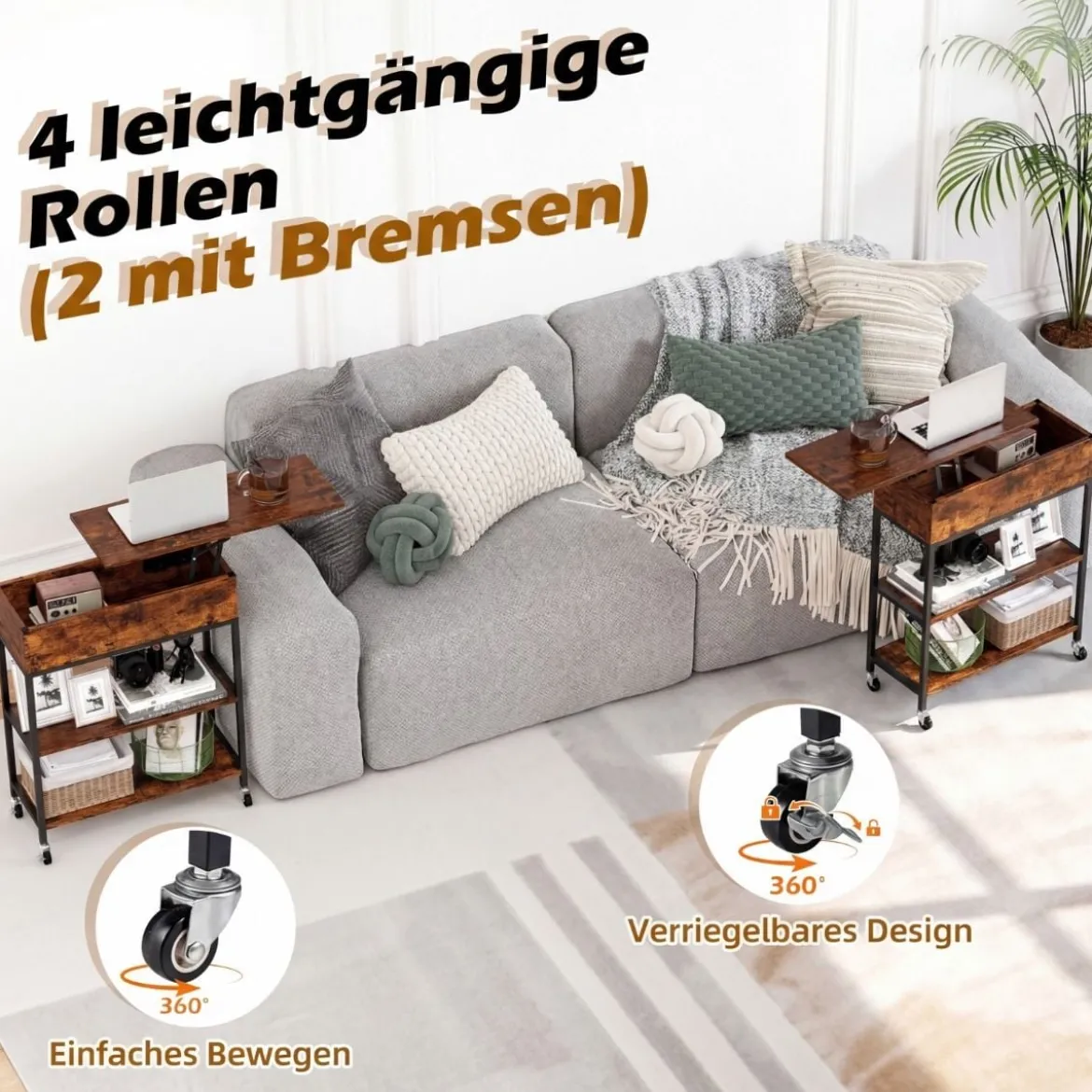 Beistelltisch mit Hebeplatte & Ladestation & Verstecktem Stauraum & Regalen Rollbarer Couchtisch