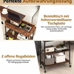 Beistelltisch mit Hebeplatte & Ladestation & Verstecktem Stauraum & Regalen Rollbarer Couchtisch