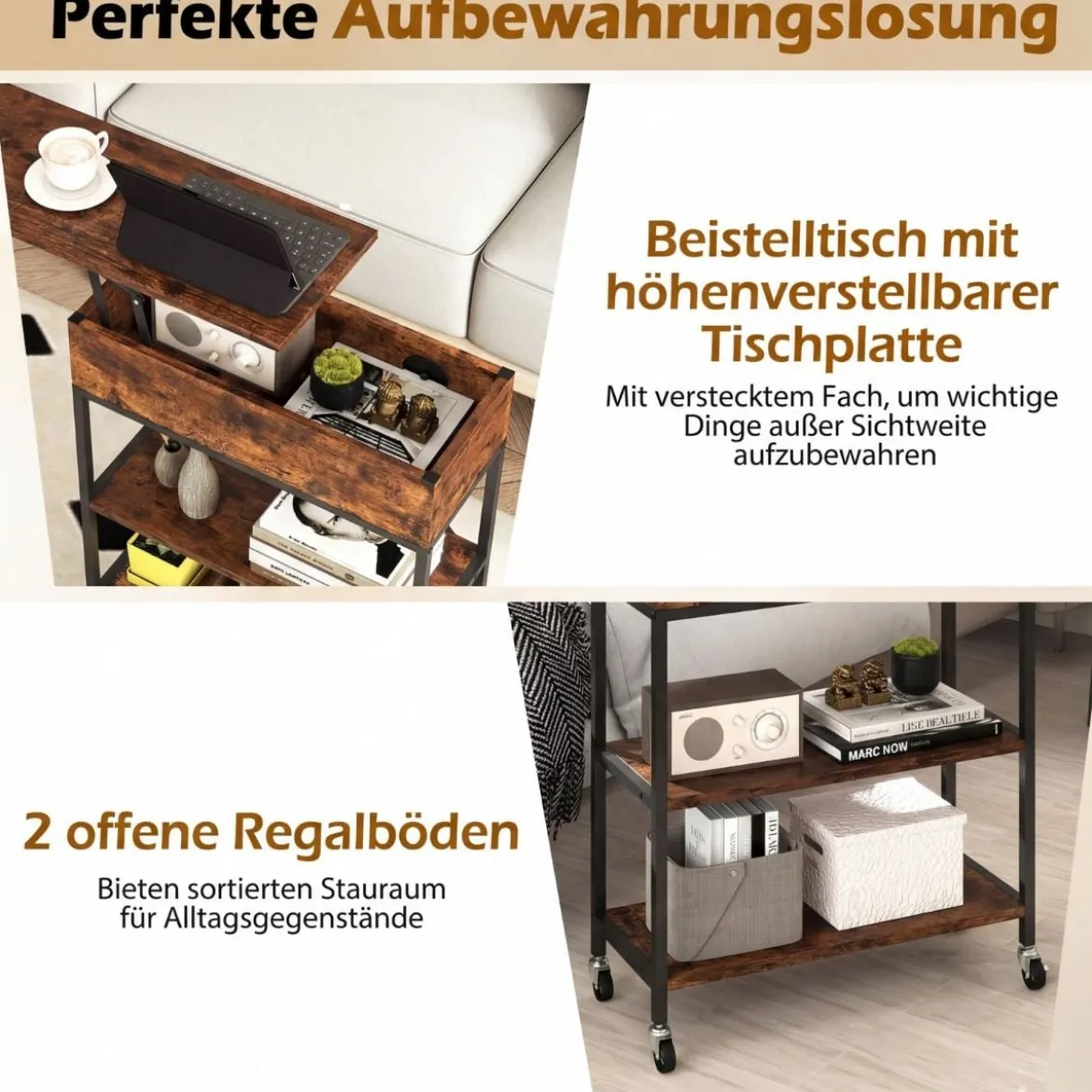 Beistelltisch mit Hebeplatte & Ladestation & Verstecktem Stauraum & Regalen Rollbarer Couchtisch