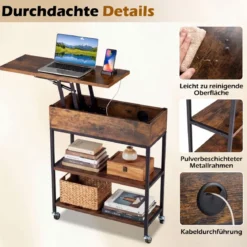 Beistelltisch mit Hebeplatte & Ladestation & Verstecktem Stauraum & Regalen Rollbarer Couchtisch