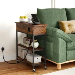 Beistelltisch mit Hebeplatte & Ladestation & Verstecktem Stauraum & Regalen Rollbarer Couchtisch
