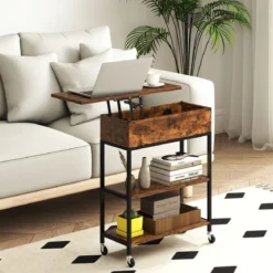 Beistelltisch mit Hebeplatte & Ladestation & Verstecktem Stauraum & Regalen Rollbarer Couchtisch