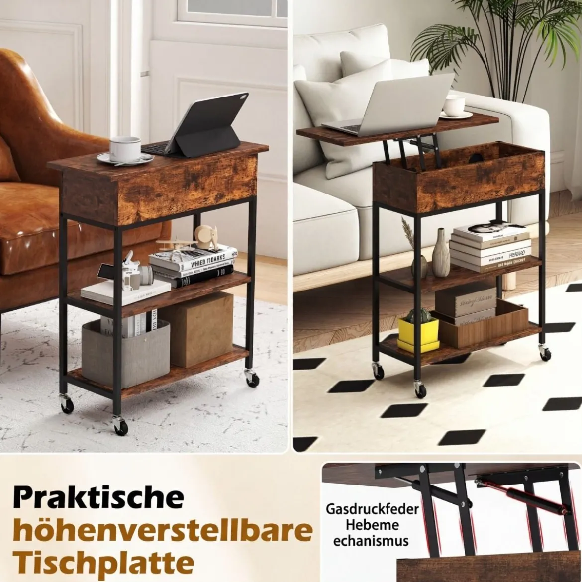 Beistelltisch mit Hebeplatte & Ladestation & Verstecktem Stauraum & Regalen Rollbarer Couchtisch