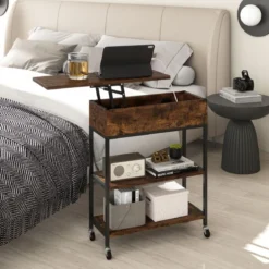 Beistelltisch mit Hebeplatte & Ladestation & Verstecktem Stauraum & Regalen Rollbarer Couchtisch
