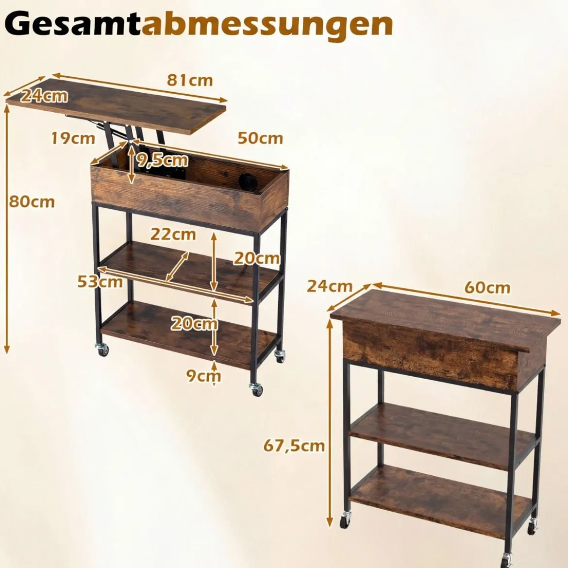 Beistelltisch mit Hebeplatte & Ladestation & Verstecktem Stauraum & Regalen Rollbarer Couchtisch
