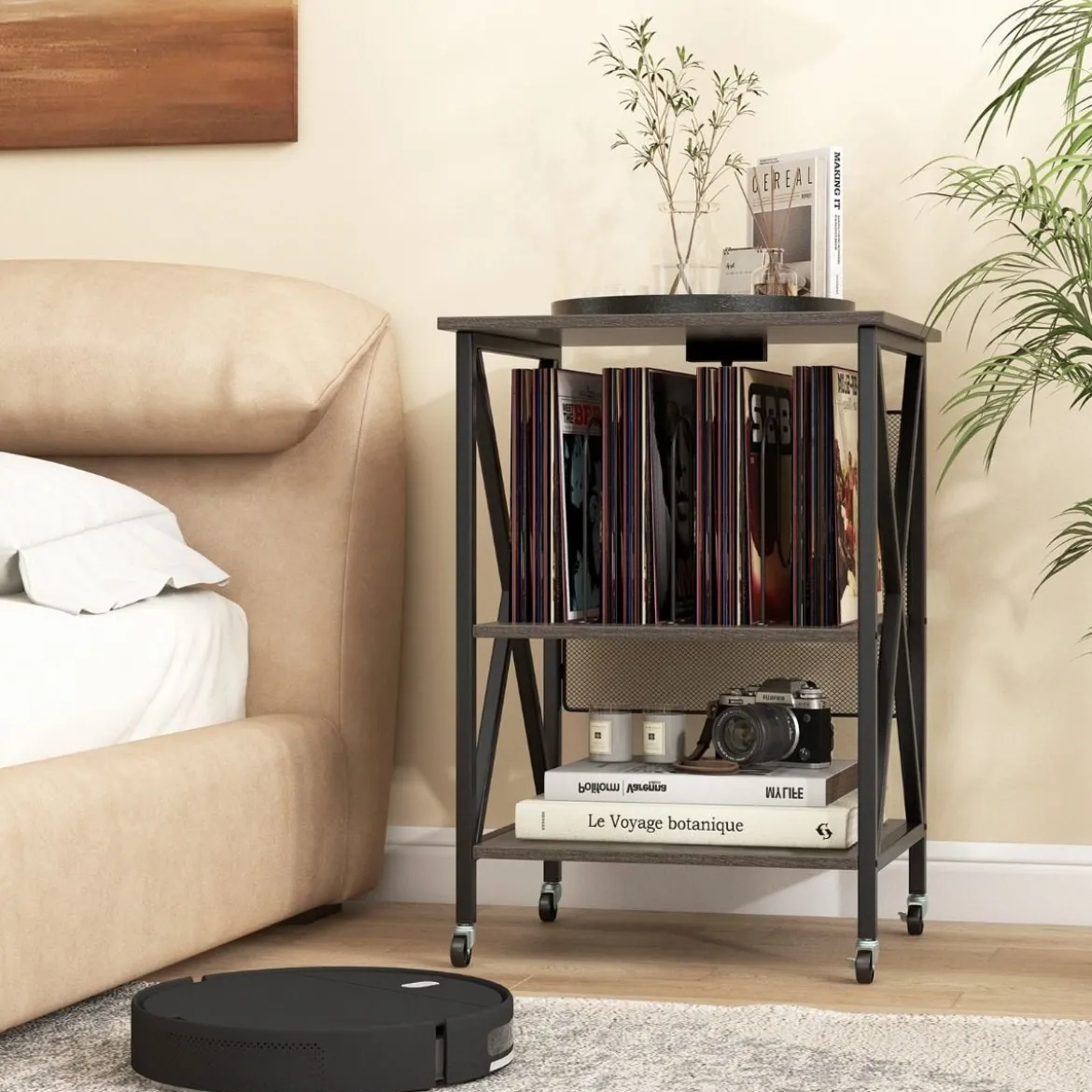 Beistelltisch mit Ladestation & Trennwand Rollständer Plattenspielerständer CD Rollschrank