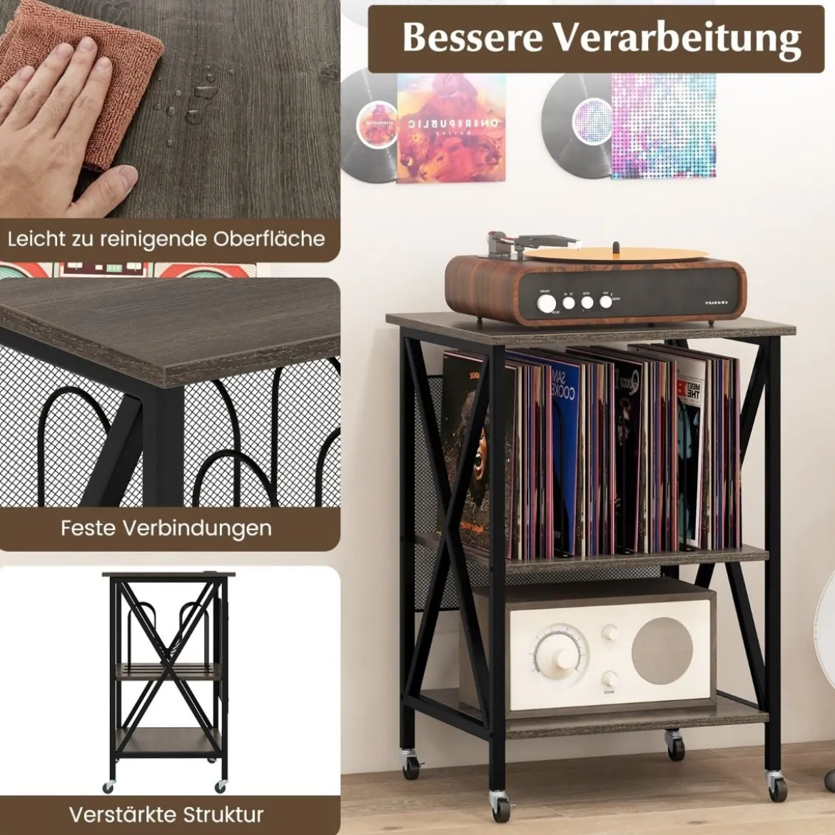 Beistelltisch mit Ladestation & Trennwand Rollständer Plattenspielerständer CD Rollschrank