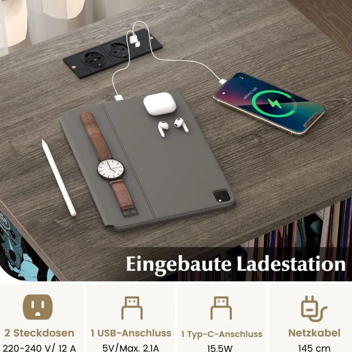 Beistelltisch mit Ladestation & Trennwand Rollständer Plattenspielerständer CD Rollschrank
