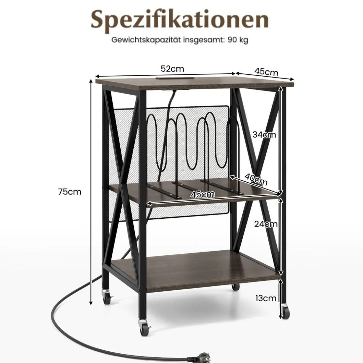 Beistelltisch mit Ladestation & Trennwand Rollständer Plattenspielerständer CD Rollschrank