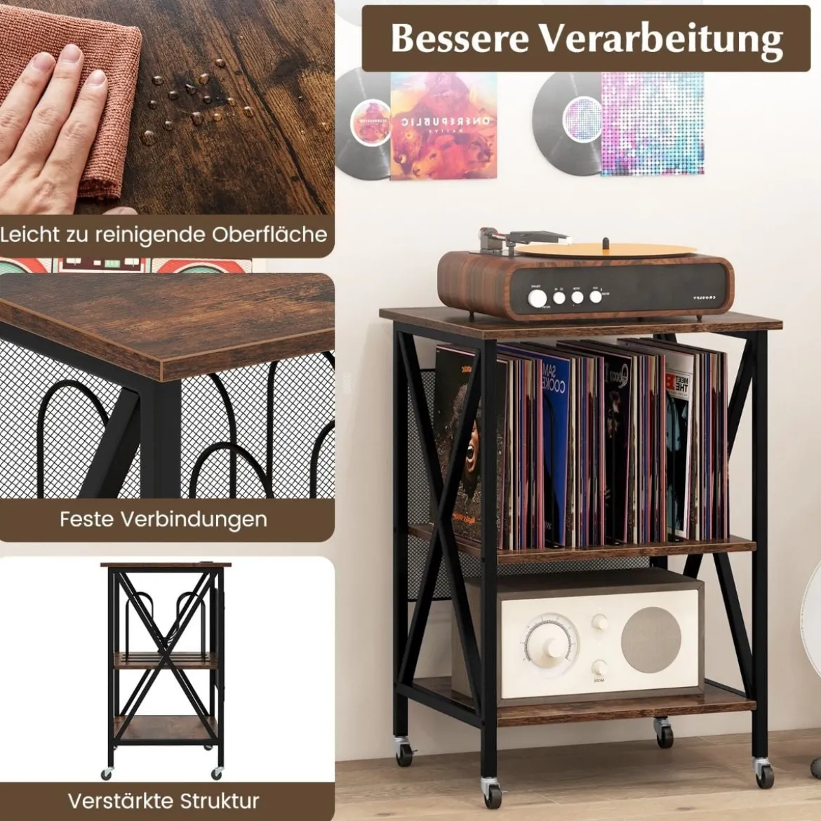 Beistelltisch mit Ladestation & Trennwand Rollständer Plattenspielerständer CD Rollschrank