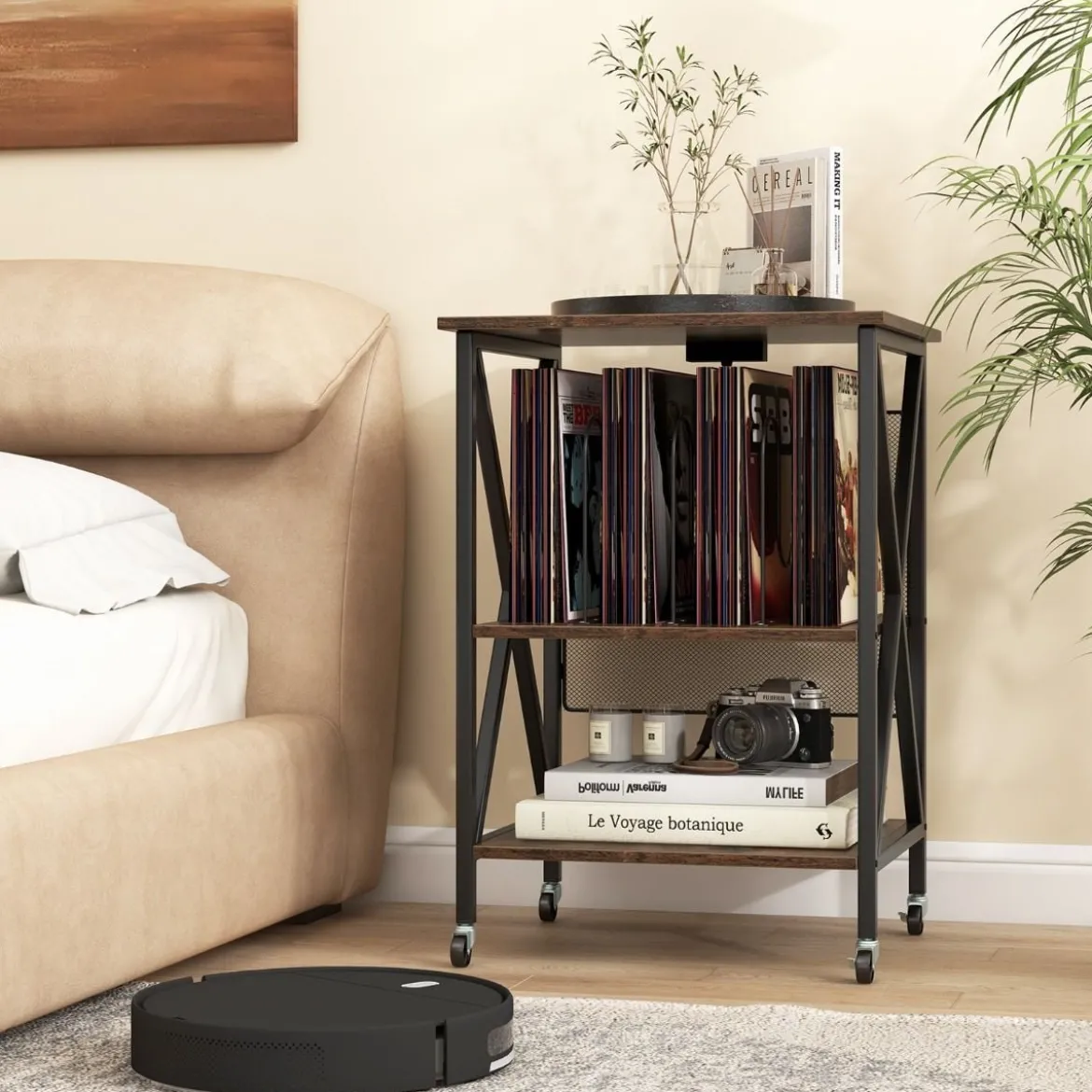 Beistelltisch mit Ladestation & Trennwand Rollständer Plattenspielerständer CD Rollschrank