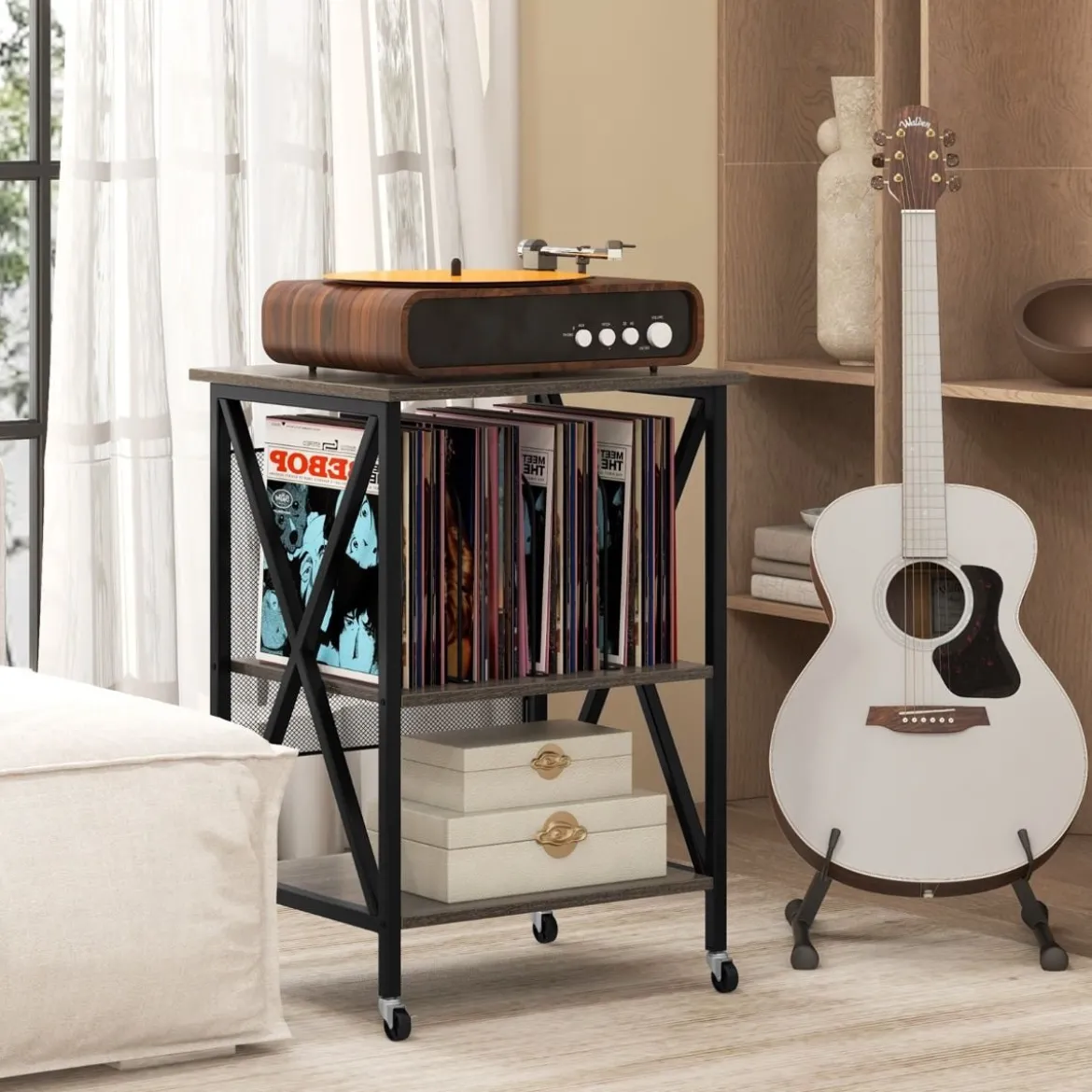 Beistelltisch mit Ladestation & Trennwand Rollständer Plattenspielerständer CD Rollschrank
