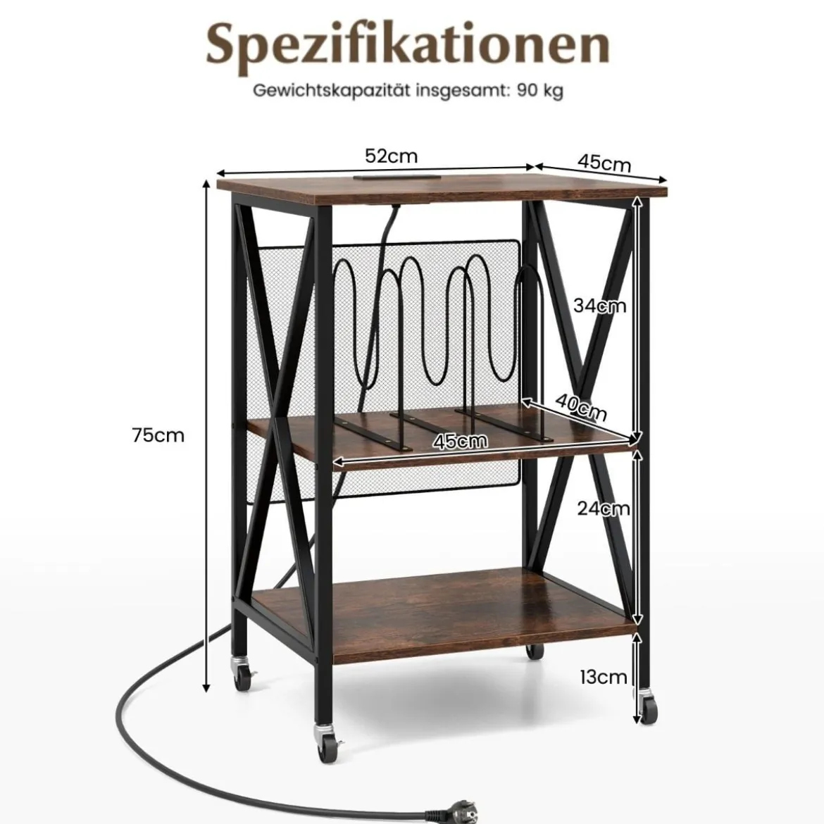 Beistelltisch mit Ladestation & Trennwand Rollständer Plattenspielerständer CD Rollschrank