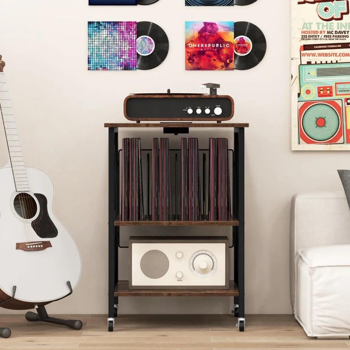 Beistelltisch mit Ladestation & Trennwand Rollständer Plattenspielerständer CD Rollschrank
