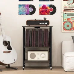 Beistelltisch mit Ladestation & Trennwand Rollständer Plattenspielerständer CD Rollschrank