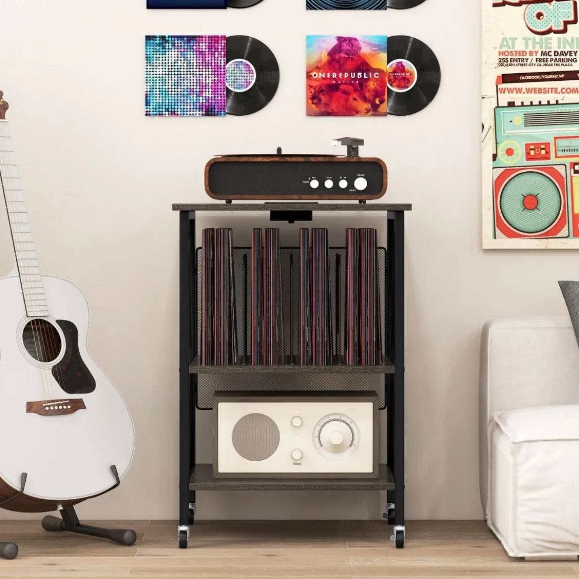 Beistelltisch mit Ladestation & Trennwand Rollständer Plattenspielerständer CD Rollschrank