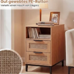 Beistelltisch mit Ladestation & 2 Schubladen Nachttisch aus Ratten & Holz Sofatisch Natur