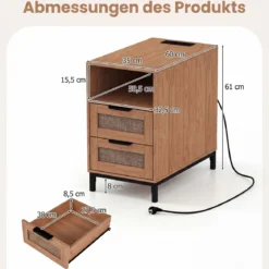 Beistelltisch mit Ladestation & 2 Schubladen Nachttisch aus Ratten & Holz Sofatisch Natur