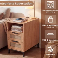 Beistelltisch mit Ladestation & 2 Schubladen Nachttisch aus Ratten & Holz Sofatisch Natur