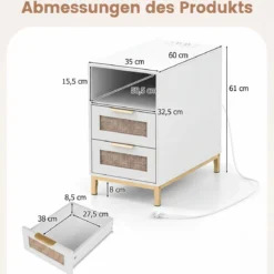 Beistelltisch mit Ladestation & 2 Schubladen Nachttisch aus Ratten & Holz Sofatisch Weiß