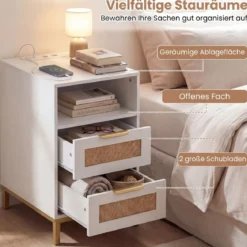 Beistelltisch mit Ladestation & 2 Schubladen Nachttisch aus Ratten & Holz Sofatisch Weiß